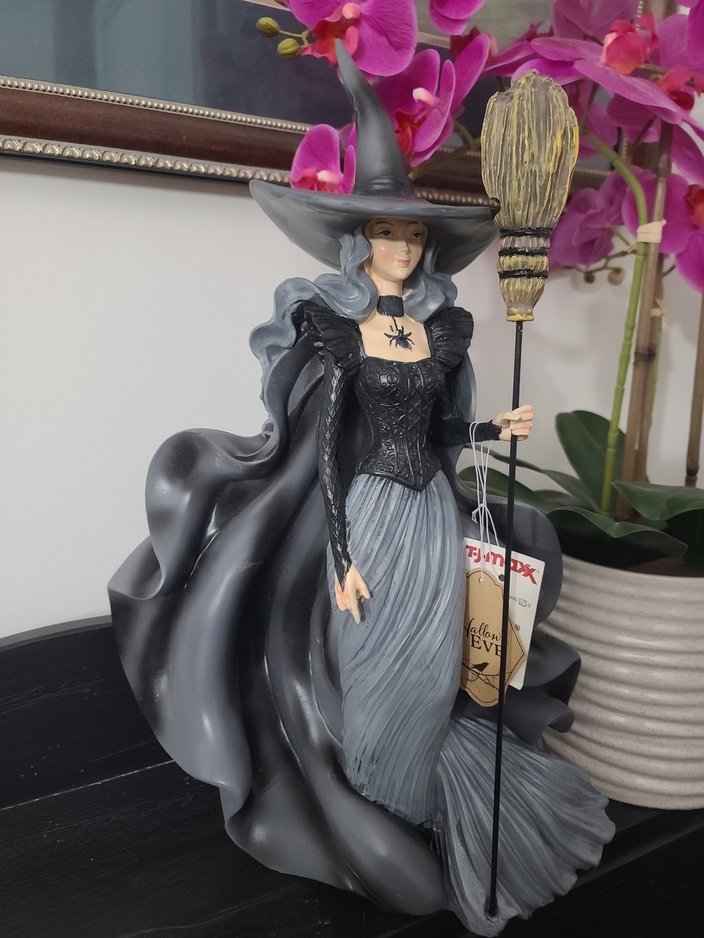 Elegant Gray Witch Figurine with Broom - Decorative Home Accent